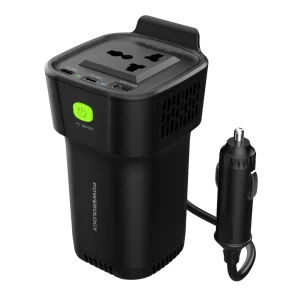 Powerology 150W Cup Holder Power Inverter Dual USB-C & USB-A QC3.0